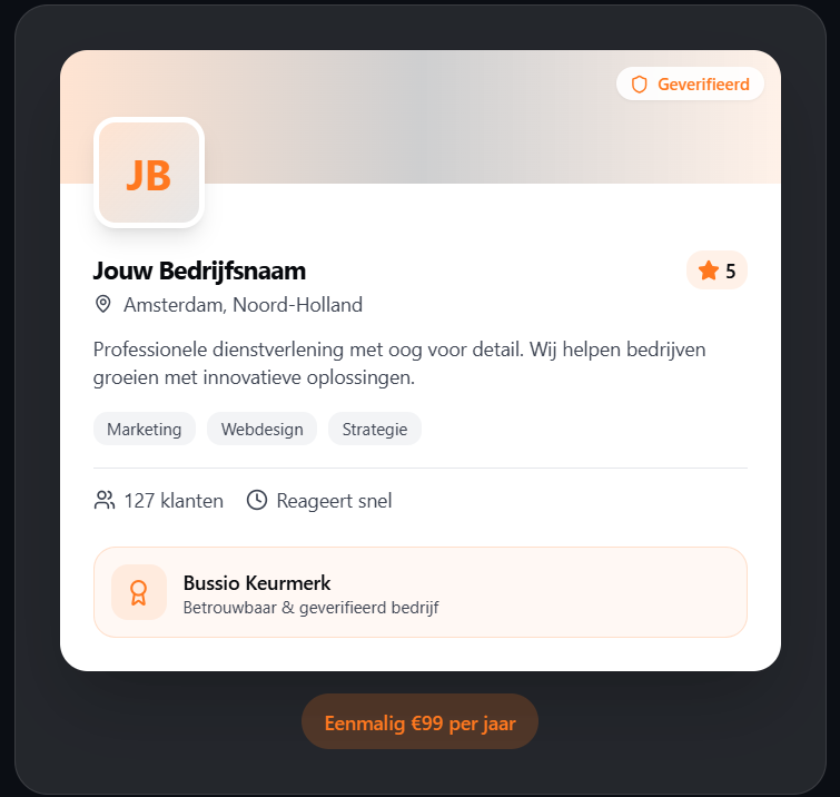 Voorbeeld van een Bussio bedrijfsprofiel met keurmerk en vermelding voor 99 euro per jaar